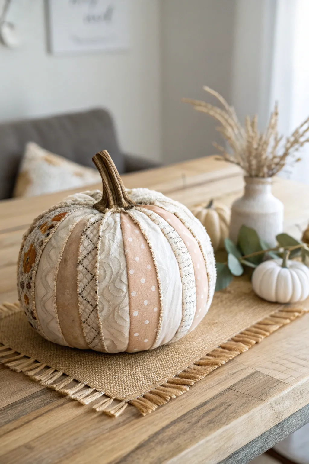 Embrace the art of simplicity with this beautifully crafted collage pumpkin, perfect for adding a touch of elegance to your autumn decor.