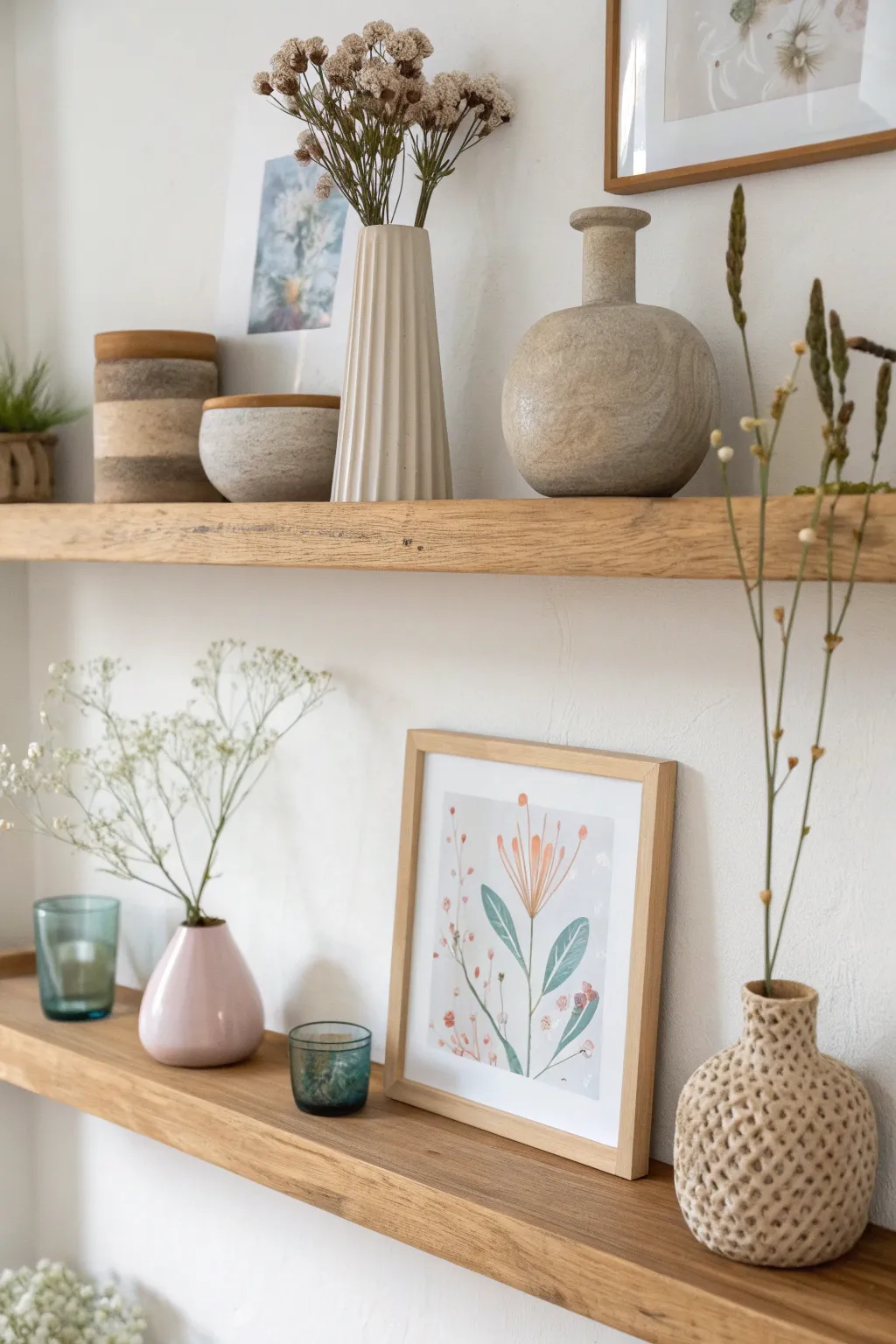 Elevate your space with a dynamic gallery feel using minimalist floating shelves.