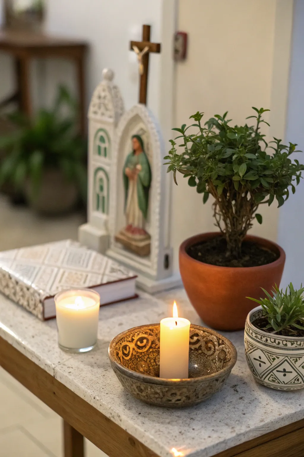 An entryway altar provides a warm and inviting welcome.