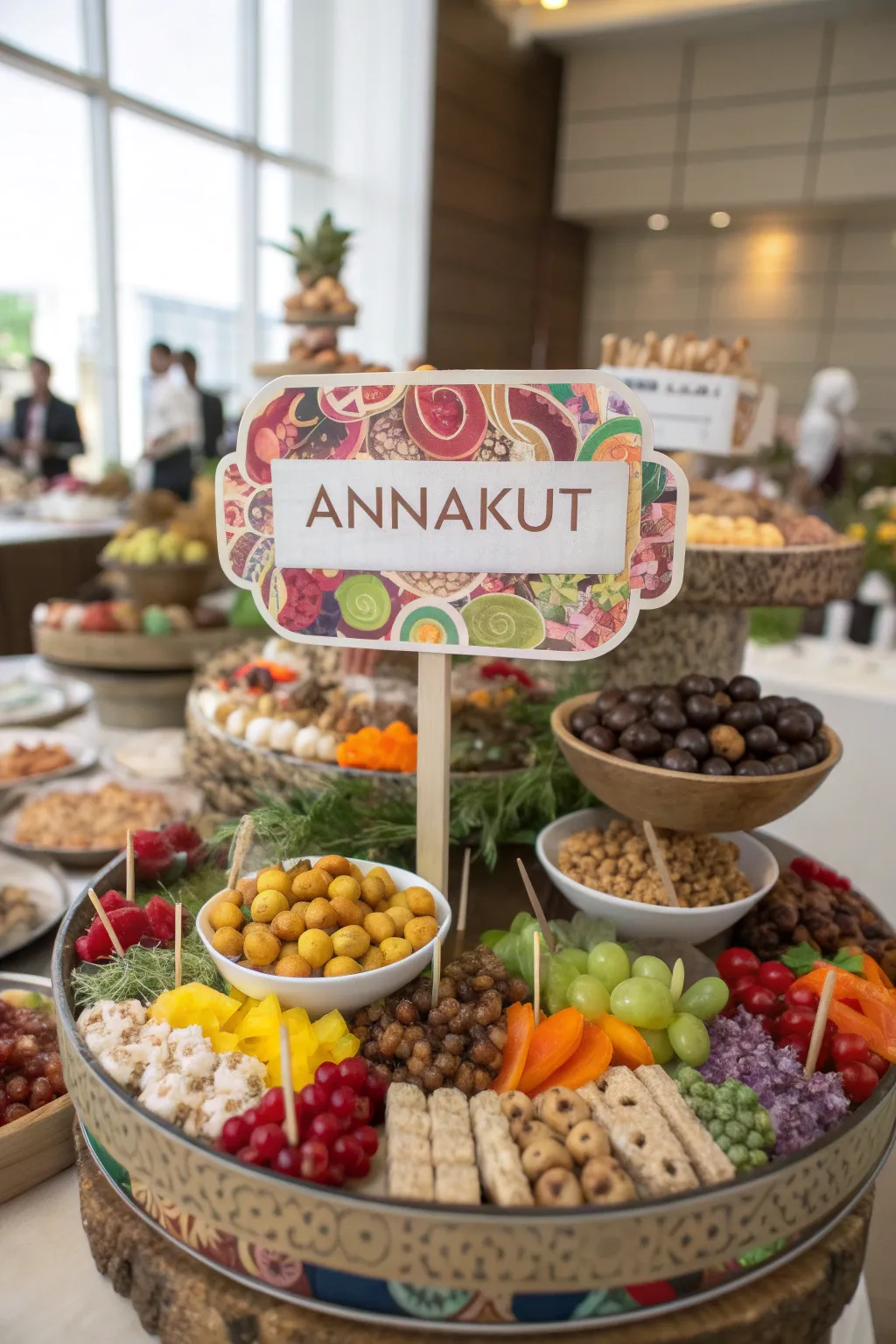 Creative food labels adding information and decoration to Annakut.