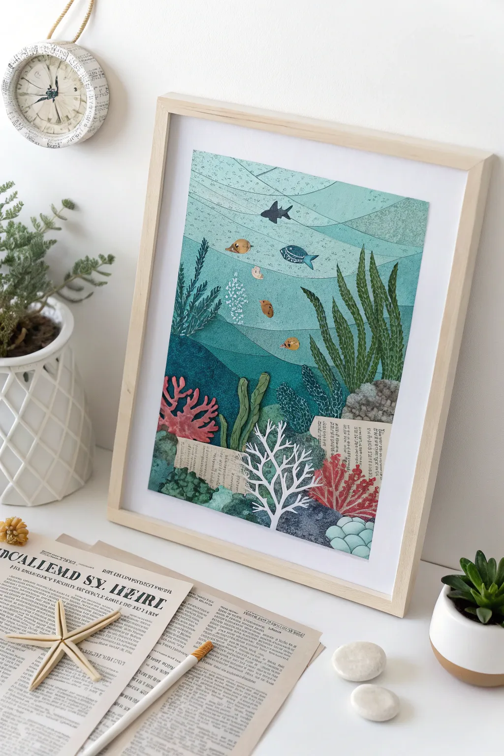 Dive into creativity with a serene underwater collage, where simplicity meets nature's mystique.