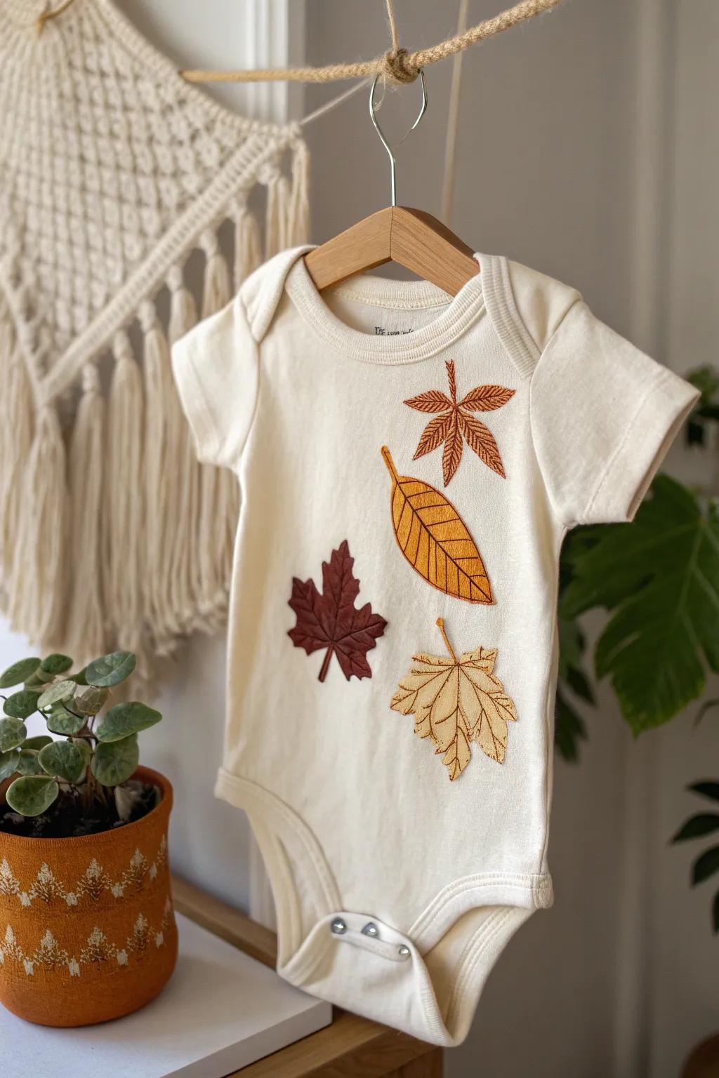 Embrace the beauty of autumn with this handcrafted seasonal onesie. Perfect for your little one's fall wardrobe!