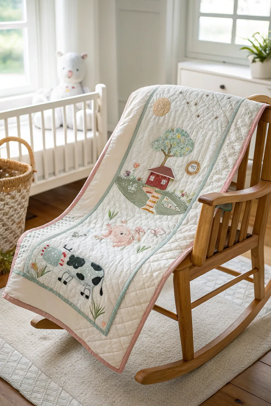 Warm smiles and rustic charm: A delightful farmyard quilt square for your little one's cozy moments.