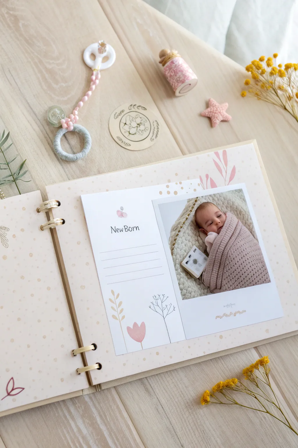 Capture the joy of first hellos with a serene and stylish hospital welcome scrapbook page. 🌿📸