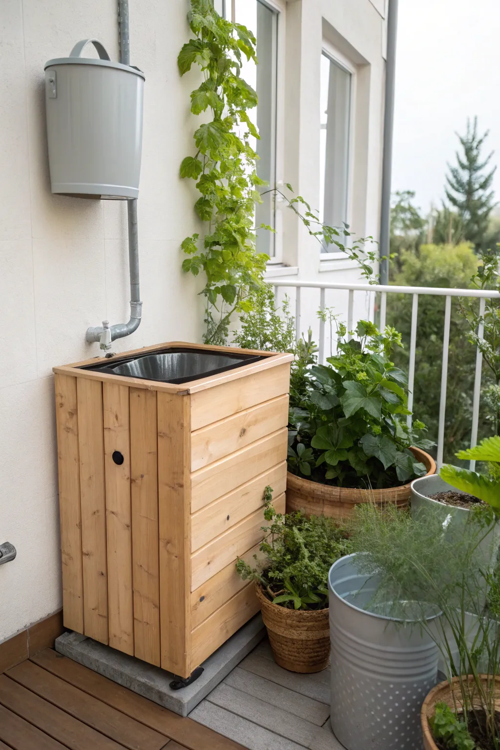 Turn rainy days into a resource with this chic Scandinavian-inspired rainwater collection system. Perfect for your balcony oasis!