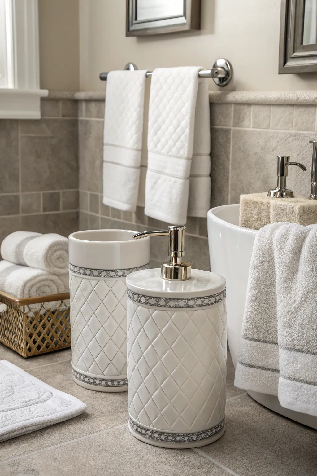 Monochrome accessories creating a cohesive and calming bathroom environment.