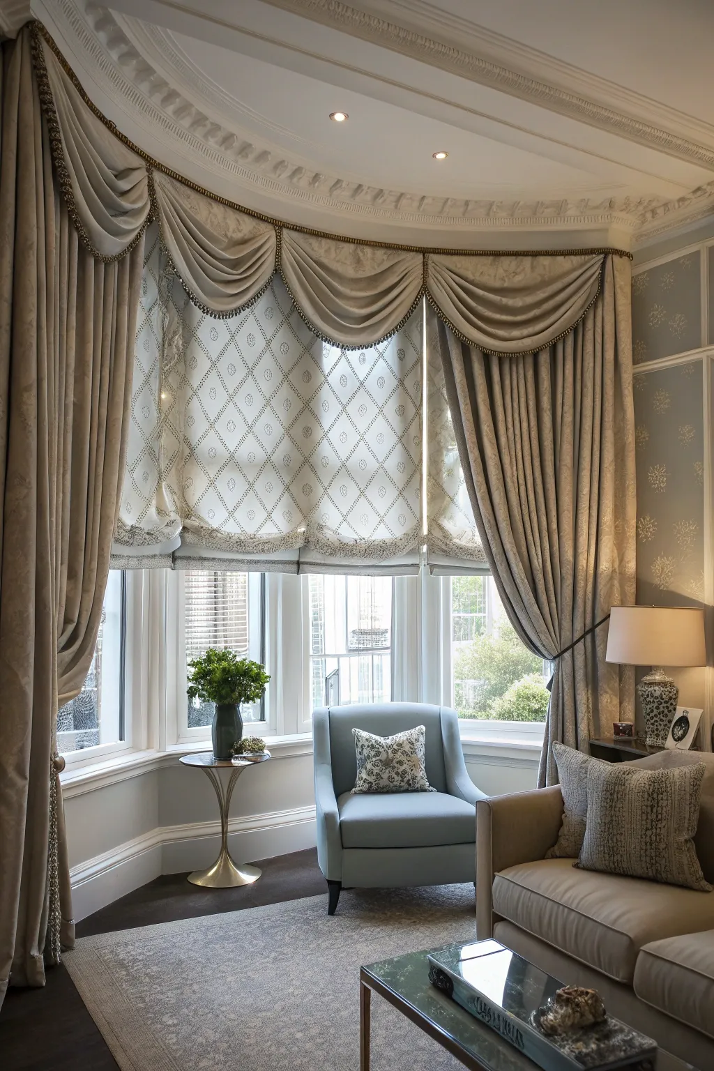 Stylish layered Roman valances in a chic lounge.