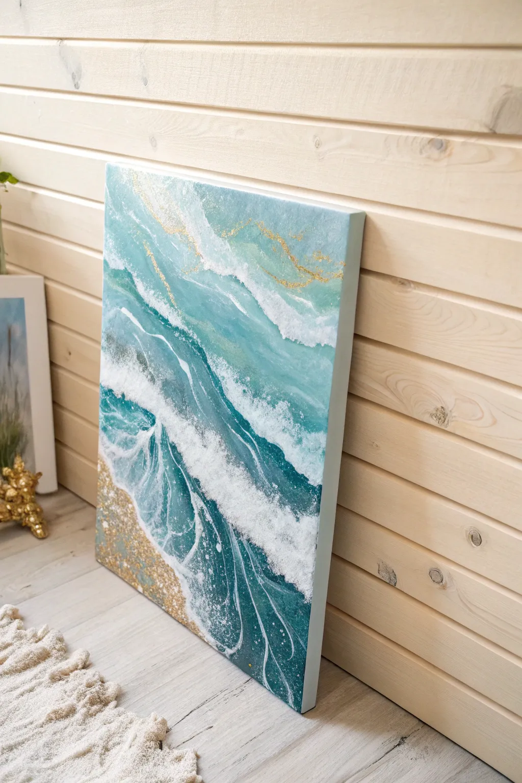 Bring the ocean's tranquility into your home with this elegant wave painting, perfect for a minimalist beach-inspired decor.
