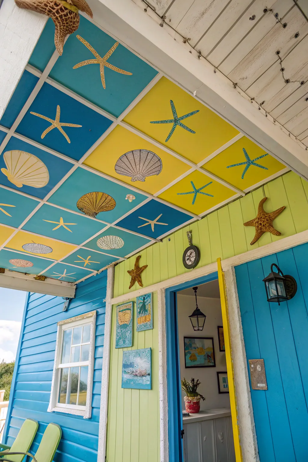 Colorful ceiling tiles add personality and vibrancy.