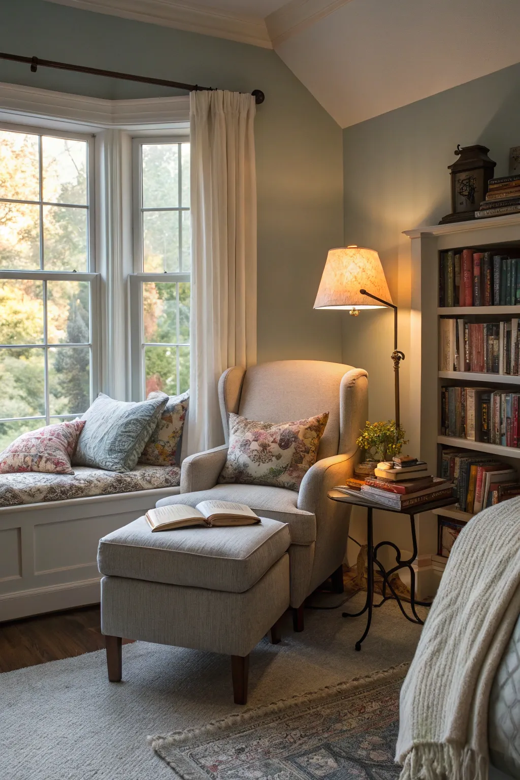 A cozy reading nook offers a perfect spot for relaxation in this bedroom.