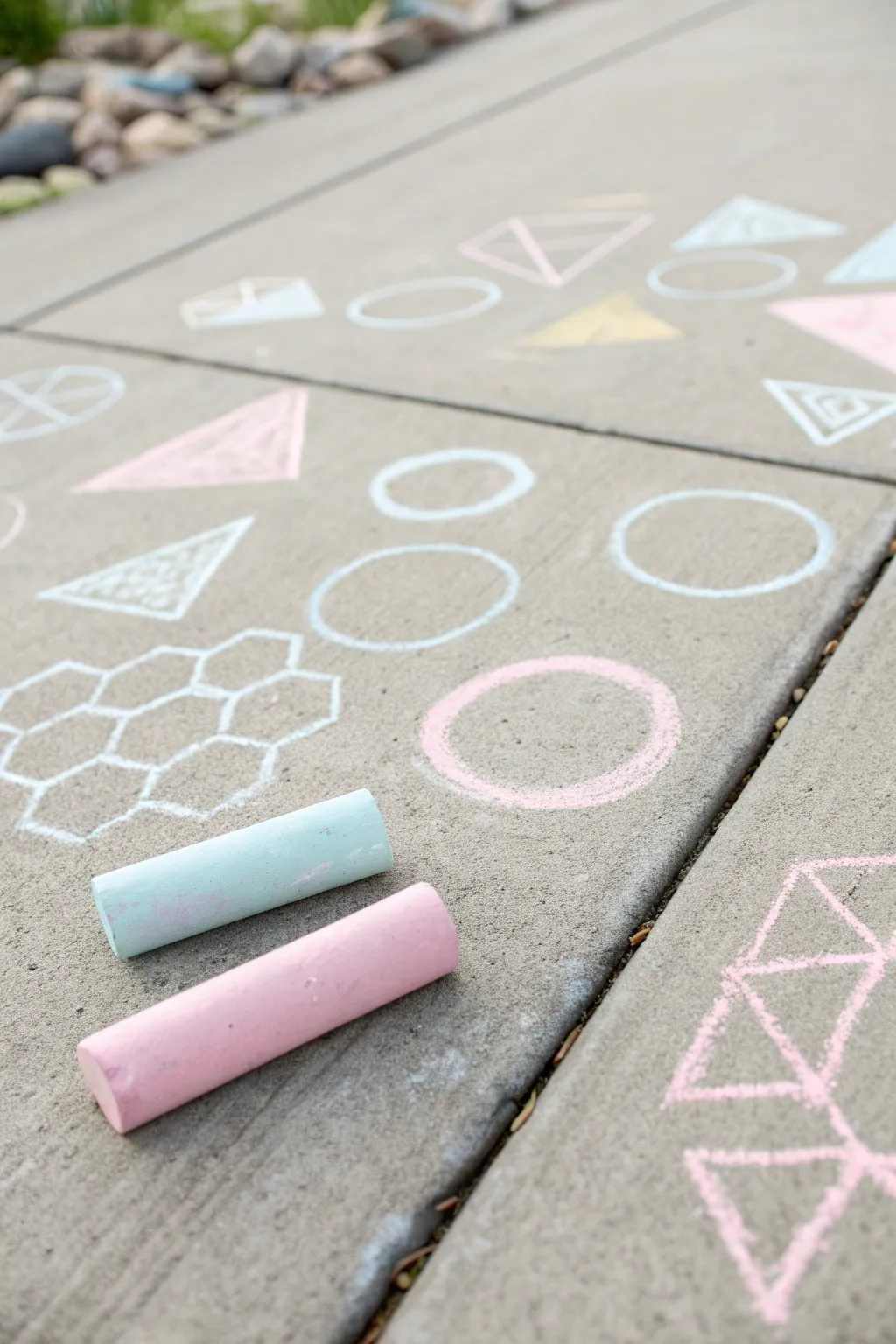 Embrace simplicity with pastel geometric chalk art that brings a modern twist to your sidewalk canvas.