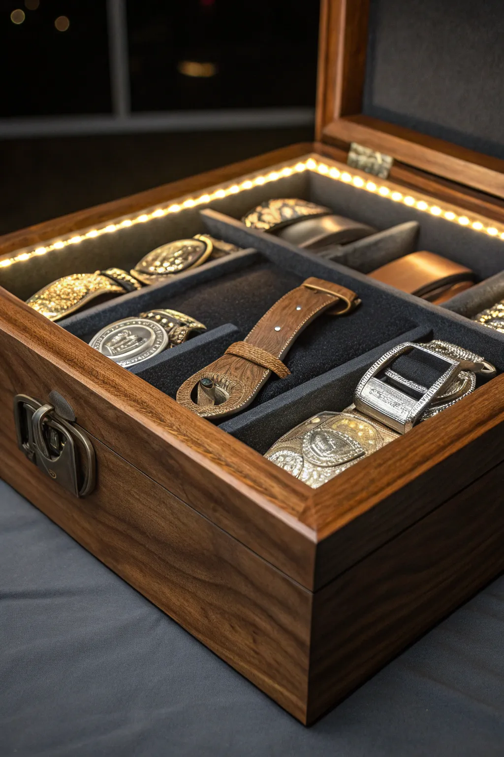 Illuminate your collection—showcase your belt buckles in style with warm LED lighting.