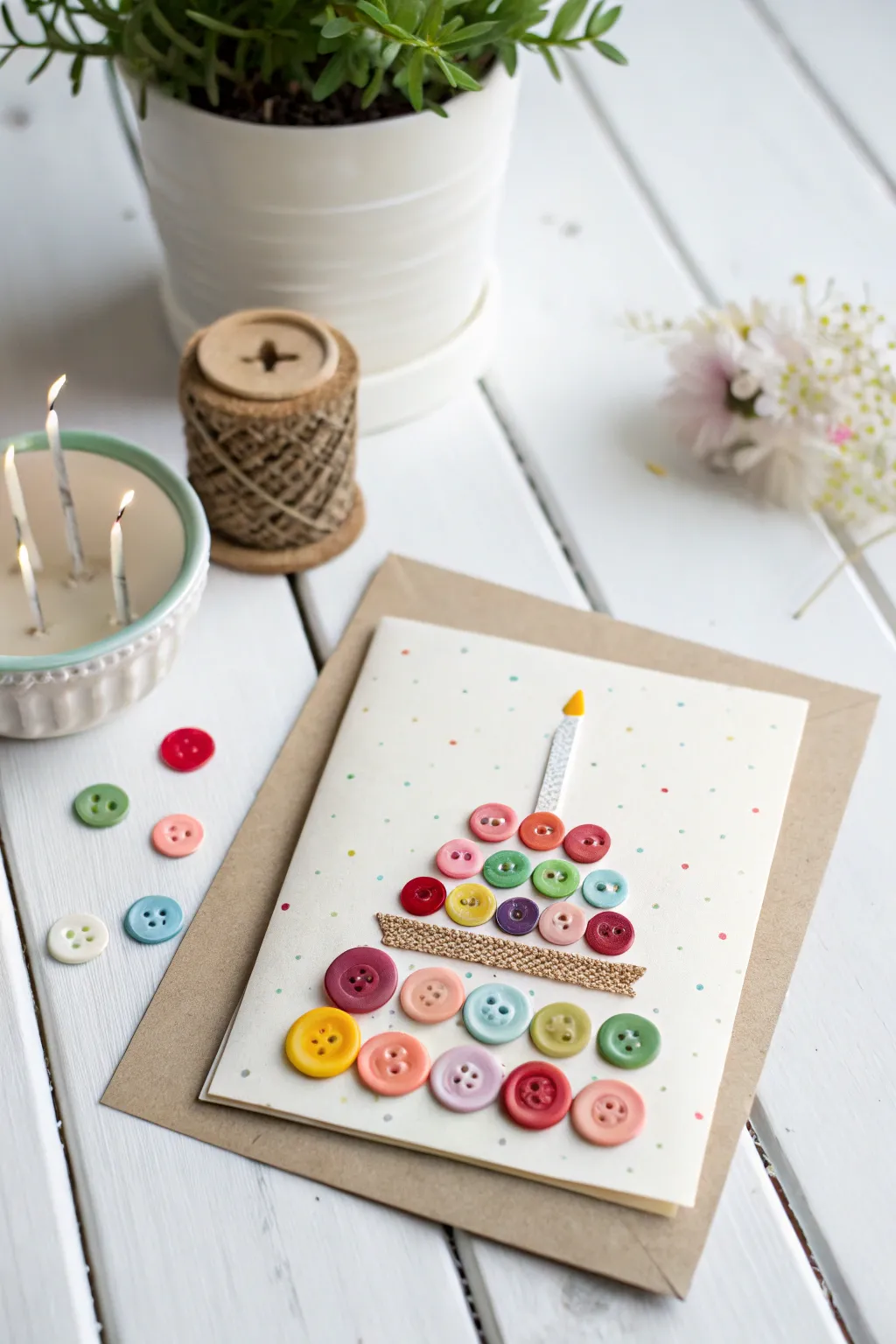 Add a playful twist to your birthday cards with charming button cake embellishments!