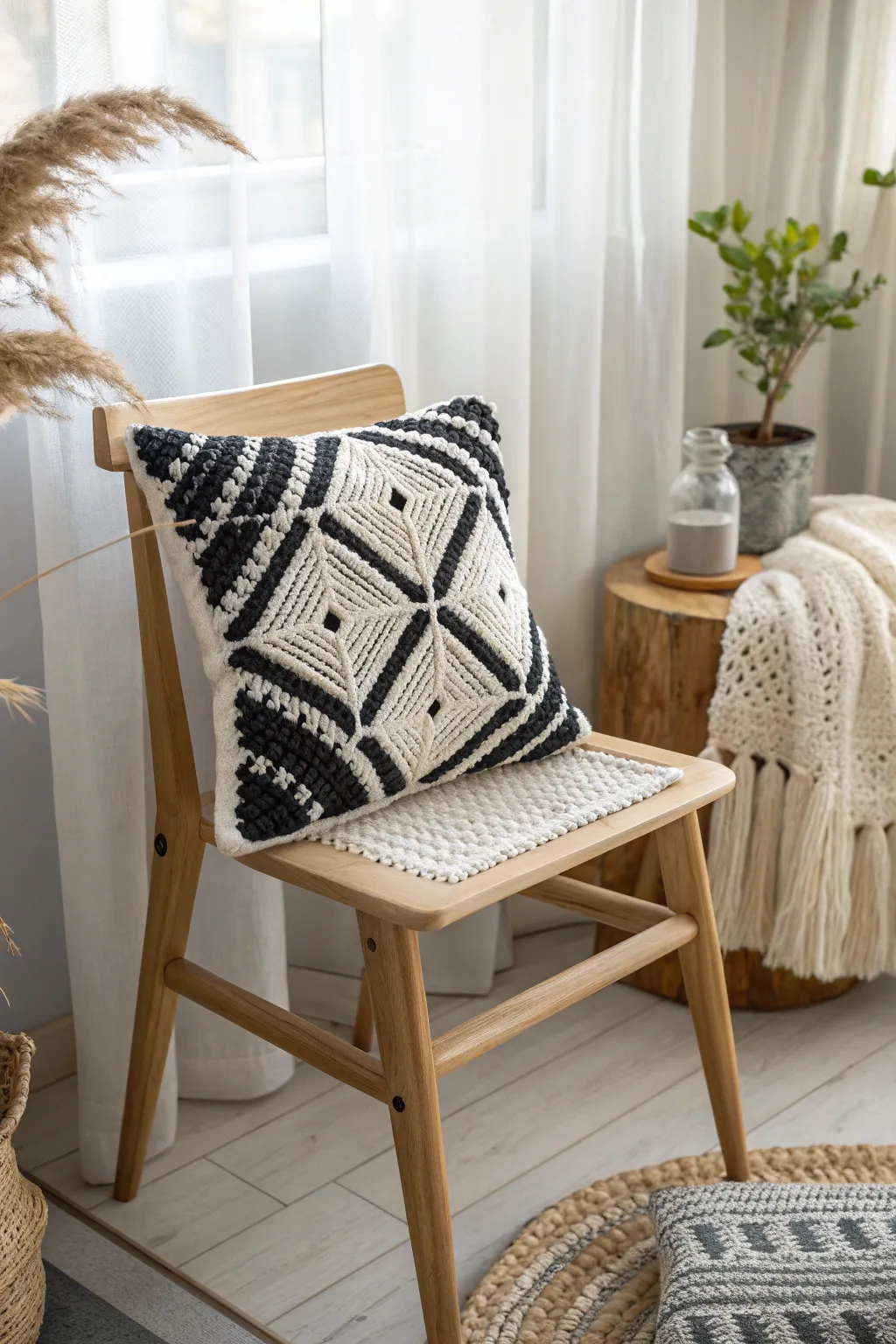 Elevate your space with this stunning black and white abstract art pillow, a perfect blend of minimalism and boho charm.