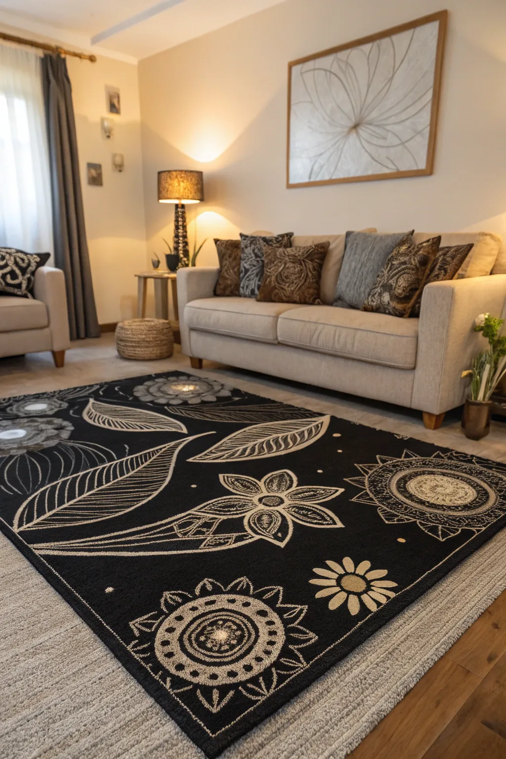 Abstract designs on a black rug add artistic flair and elevate the room's decor.
