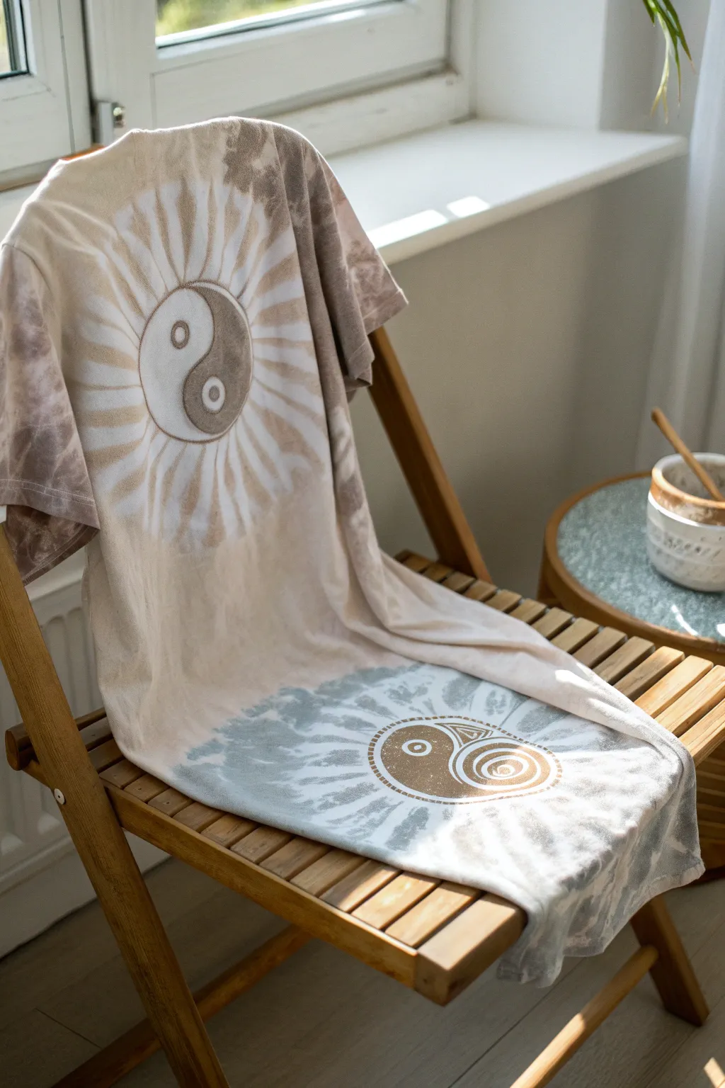Embrace balance and harmony with this yin yang bleach tie-dye masterpiece, a perfect blend of minimalism and boho charm.