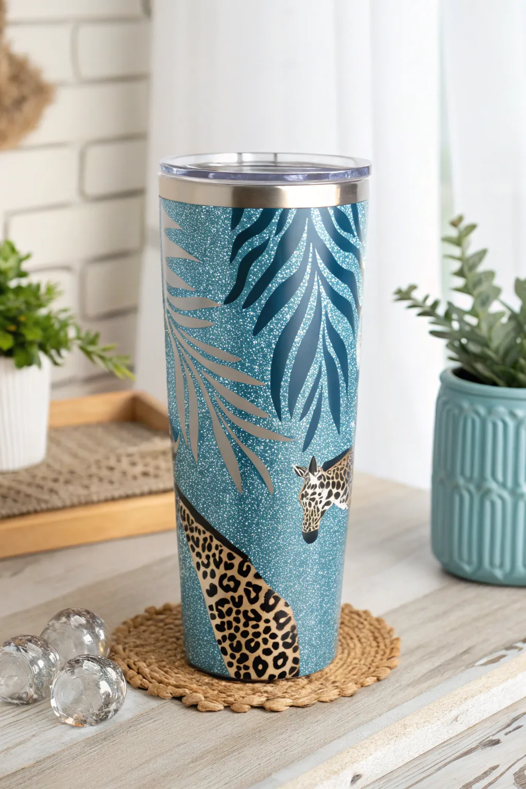 Unleash your wild side with this stunning blue glitter tumbler, featuring elegant animal prints that blend minimalist and Boho styles.