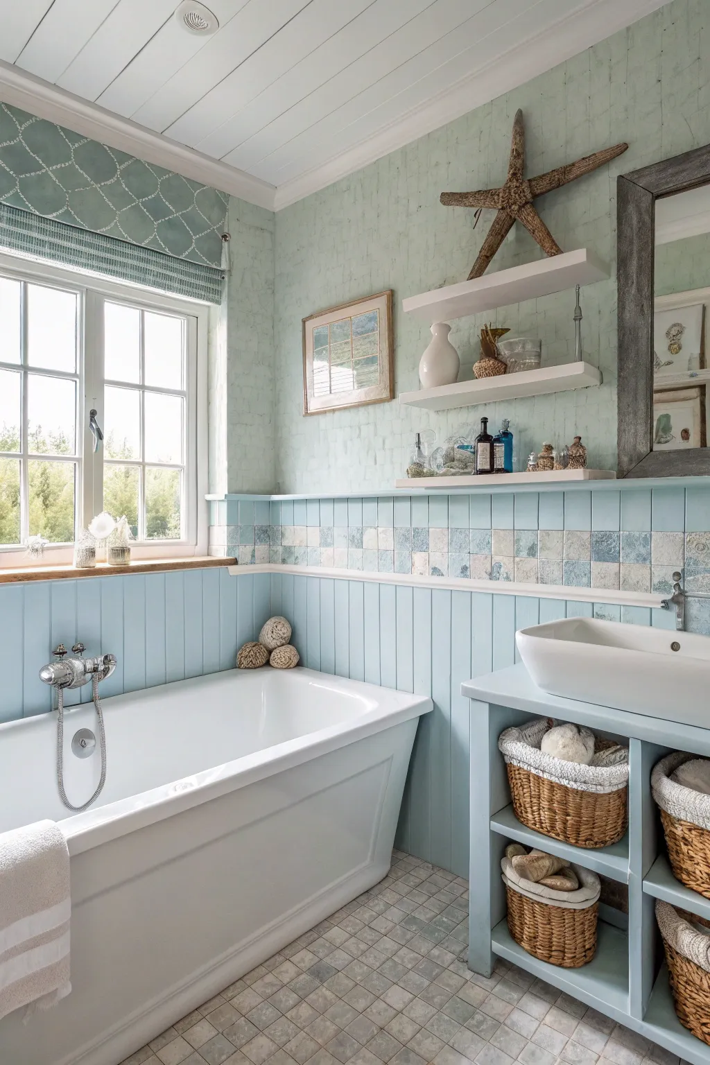 Coastal vibes with light blue creating a serene atmosphere.