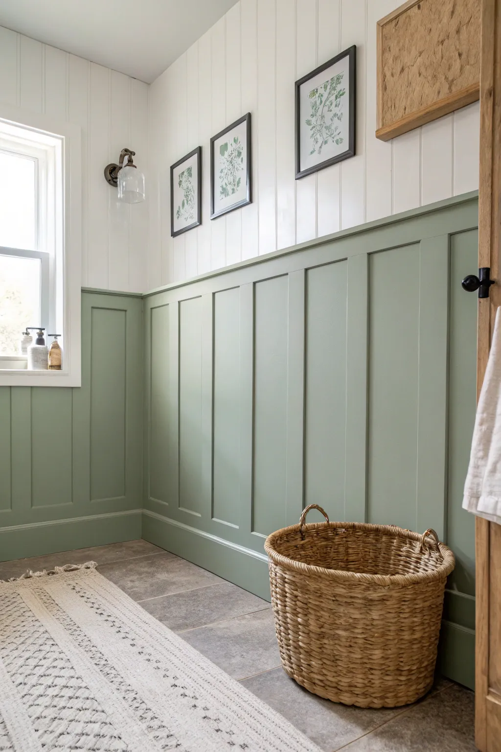 Embrace elegance with a two-tone board and batten design that transforms your bathroom into a tranquil, stylish retreat.