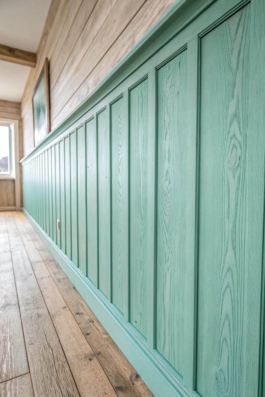Embrace coastal serenity with the timeless elegance of seafoam green board and batten.