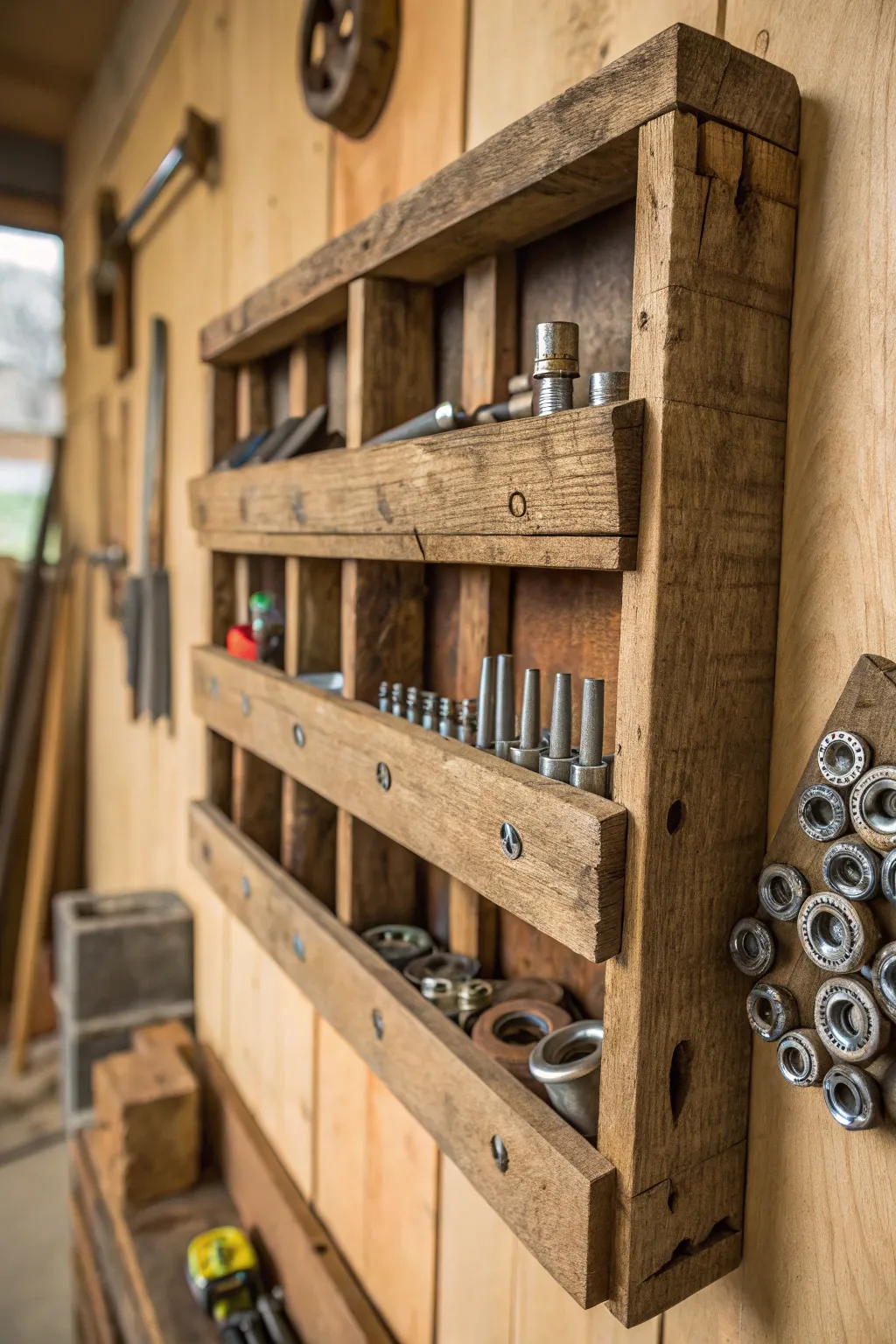 Transform your workshop with this stylish upcycled pallet bolt storage solution.