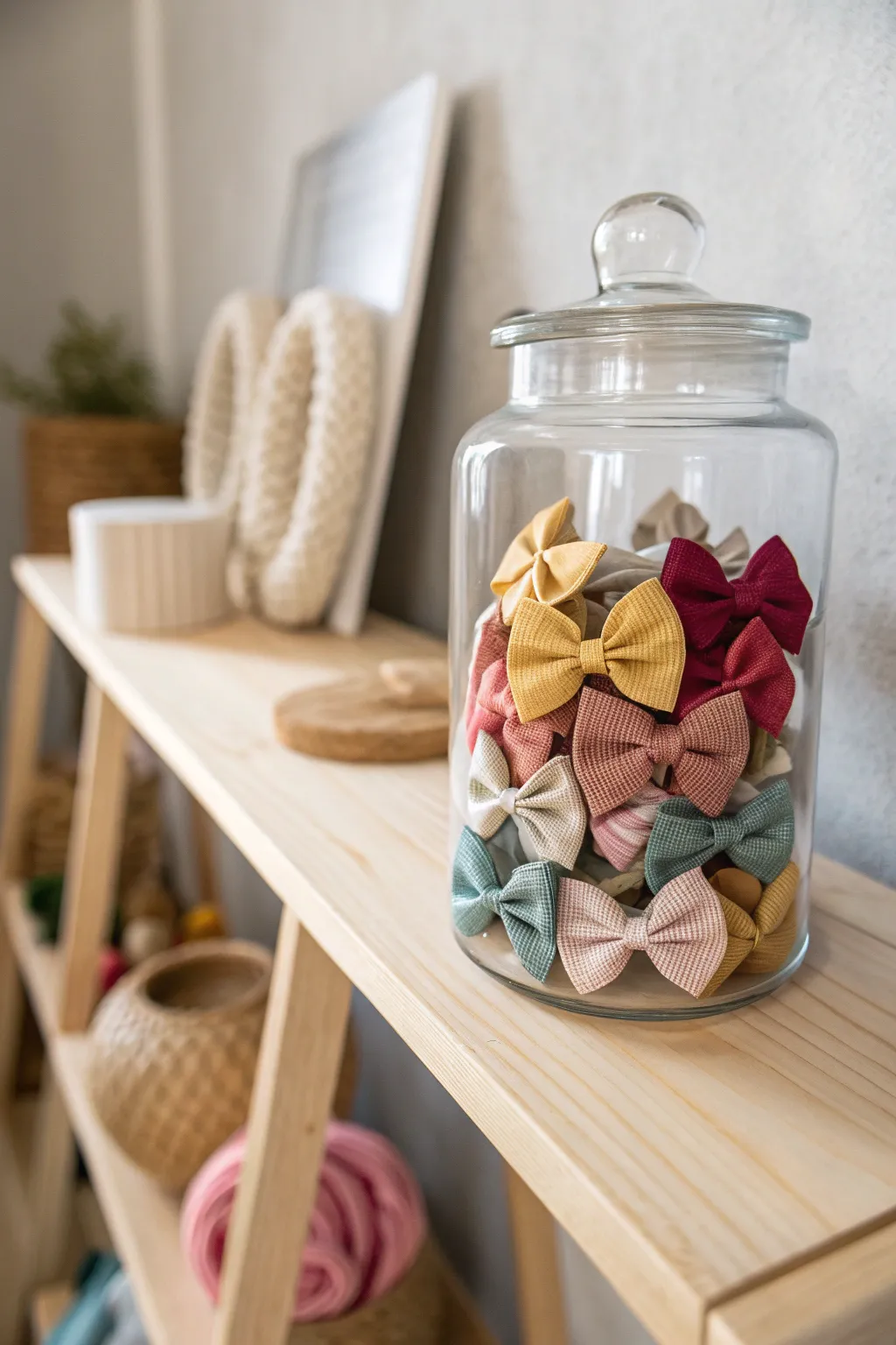 Elegance in Simplicity: Store your bows in style with this beautiful glass jar solution. #ScandinavianDesign #BowStorage