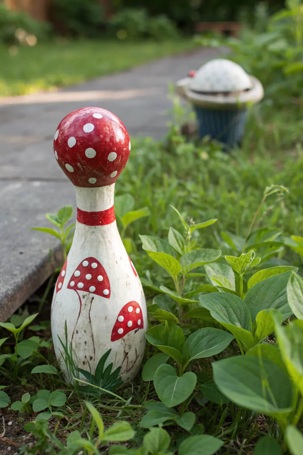 Add a whimsical touch to your garden with this handcrafted bowling pin mushroom.