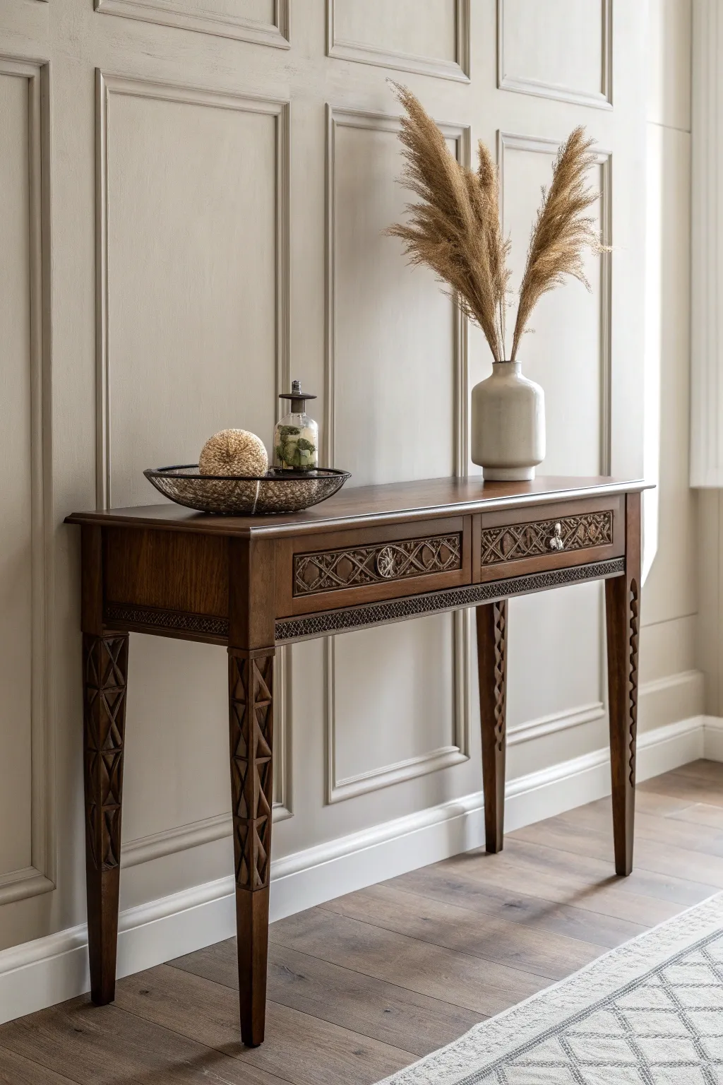Elevate your entryway with timeless elegance: a dark brown hallway table that welcomes with style.