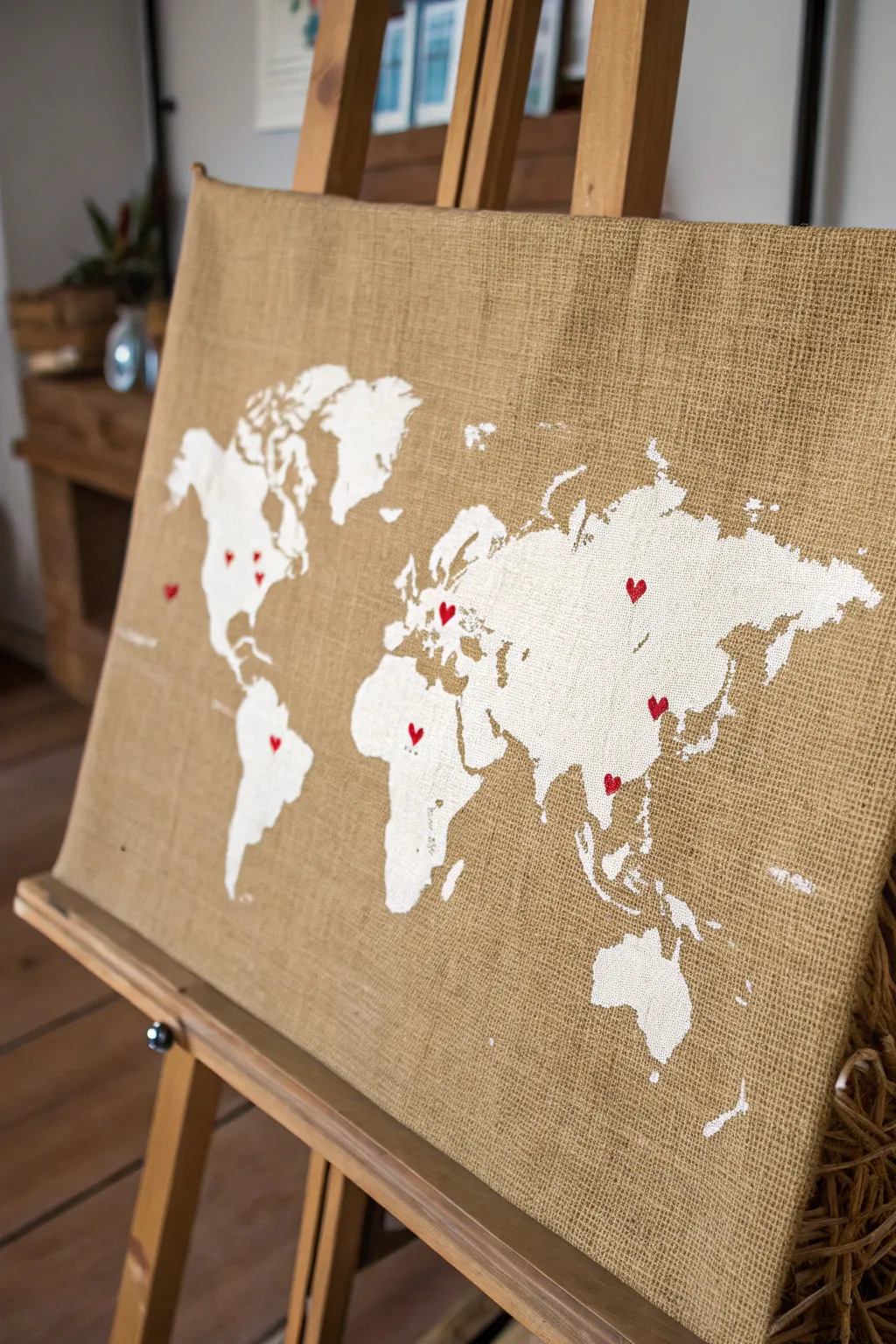 Capture your journeys on burlap: A minimalist yet charming map to cherish your adventures.