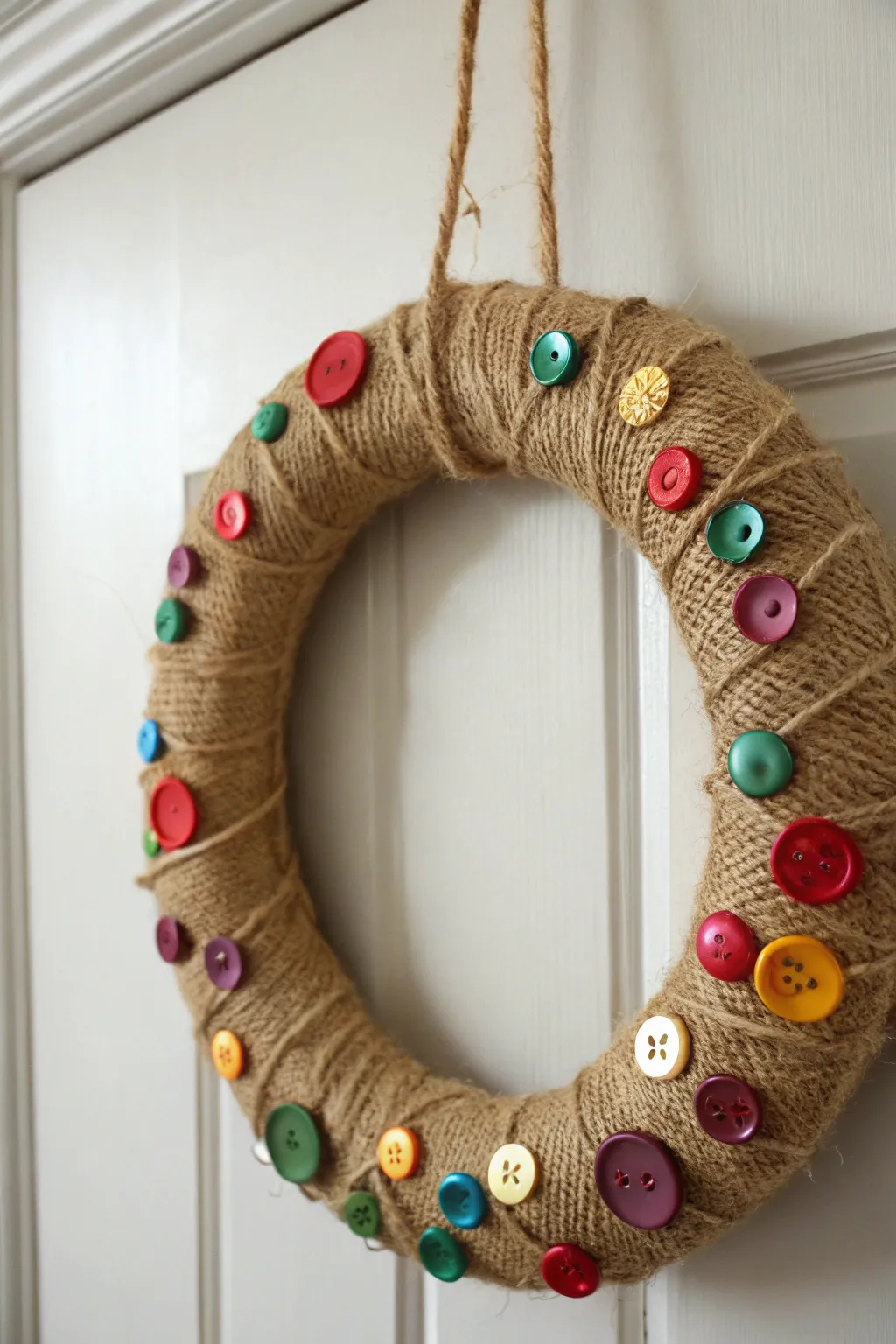 Add a touch of whimsy to your holiday decor with this charming burlap and button wreath!
