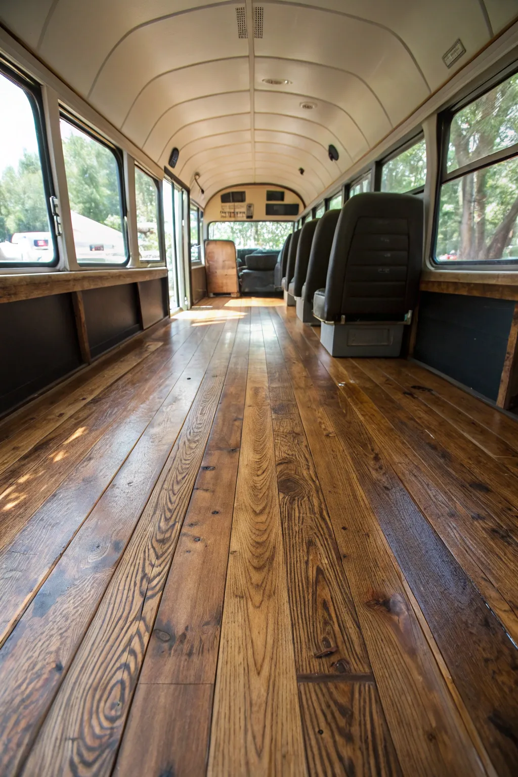 Transform your bus conversion with the timeless elegance of reclaimed wood flooring.