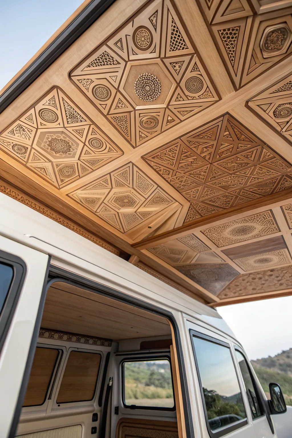Elevate your campervan experience with stunning geometric ceiling designs that captivate the eye.
