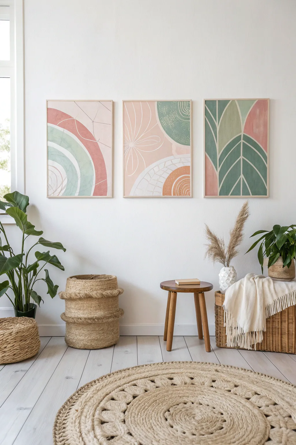 Elevate your space with a serene series of pastel canvas paintings, embodying minimalist beauty and bohemian warmth.