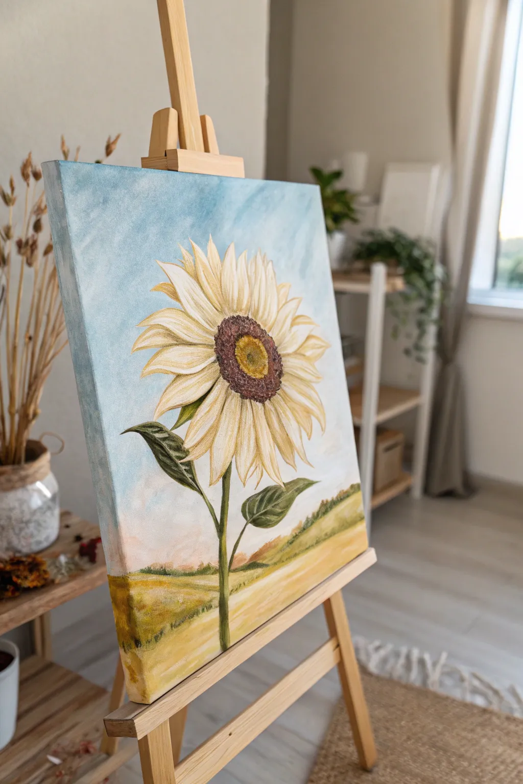 Capture the essence of spring with a sunflower's radiant charm, blending minimalist and boho styles for a timeless touch.