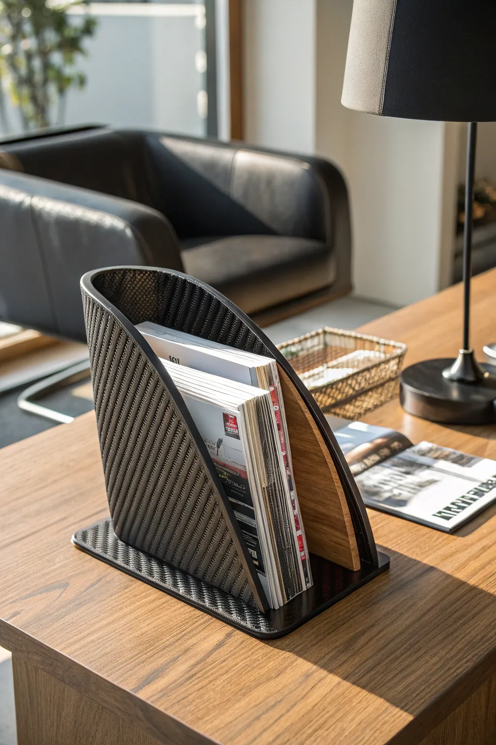 Elevate your space with this modern carbon fiber magazine holder—where style meets craftsmanship.