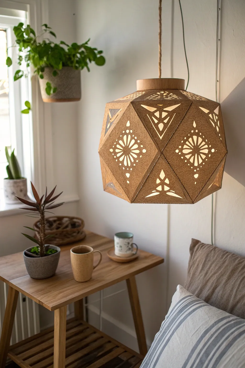 Illuminate your space with a touch of artistry – create your own cardboard lamp shade for a warm, boho-inspired glow.