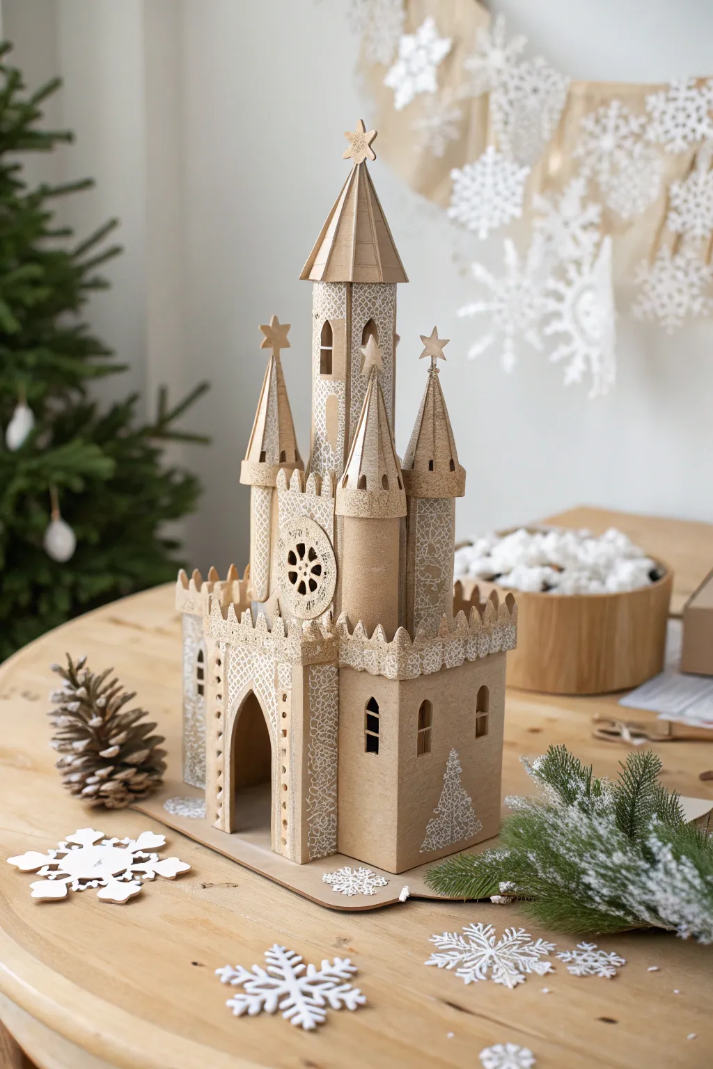 Transform your cardboard castle with seasonal elegance—embrace winter's charm with delicate snowflakes and natural beauty.