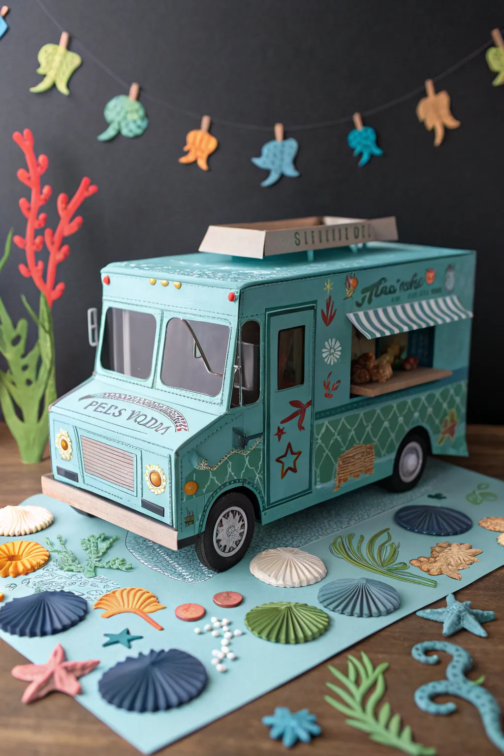 Ride the waves of creativity with this beautifully crafted cardboard seafood truck!