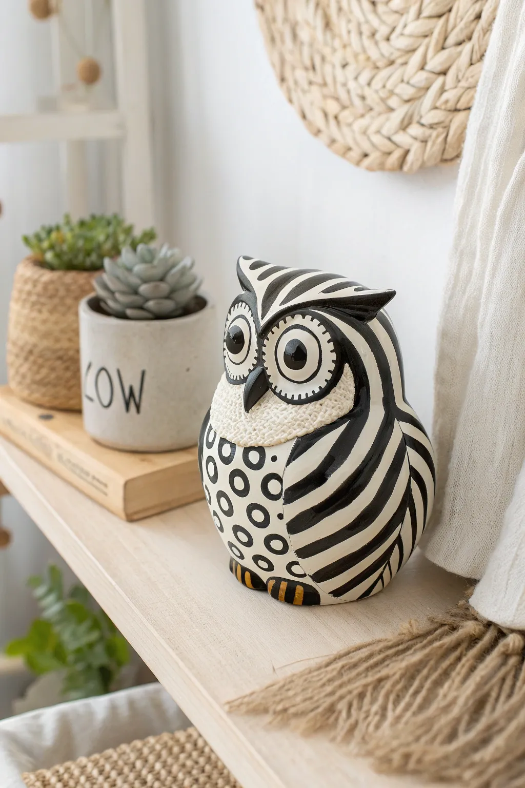 Add a wild flair to your decor with this zebra-striped ceramic owl, an elegant blend of minimalist and Boho aesthetics.