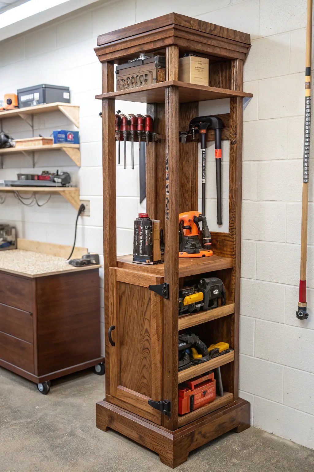 Maximize your workshop space with a handcrafted corner tool tower, the perfect blend of style and efficiency.