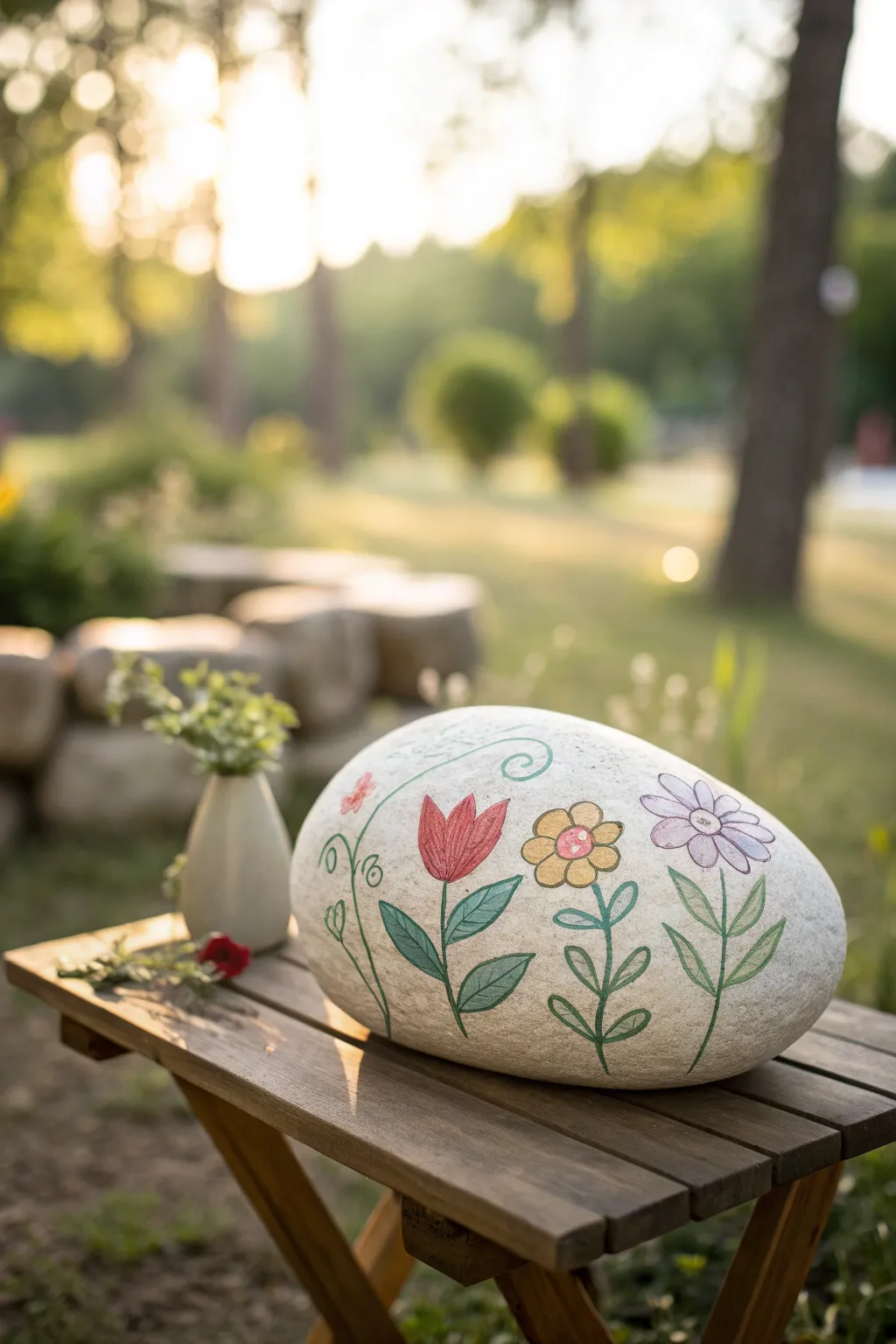 Add a splash of color to your garden with charming chalk-decorated stones!
