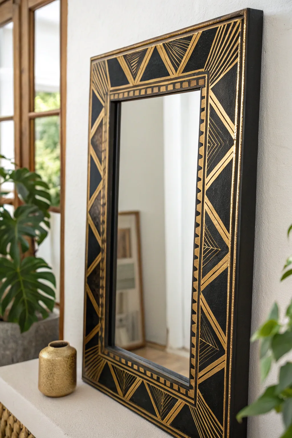 Transform your space with Art Deco elegance: a bold black and gold chalk-painted mirror frame that echoes the glamour of the Roaring Twenties.