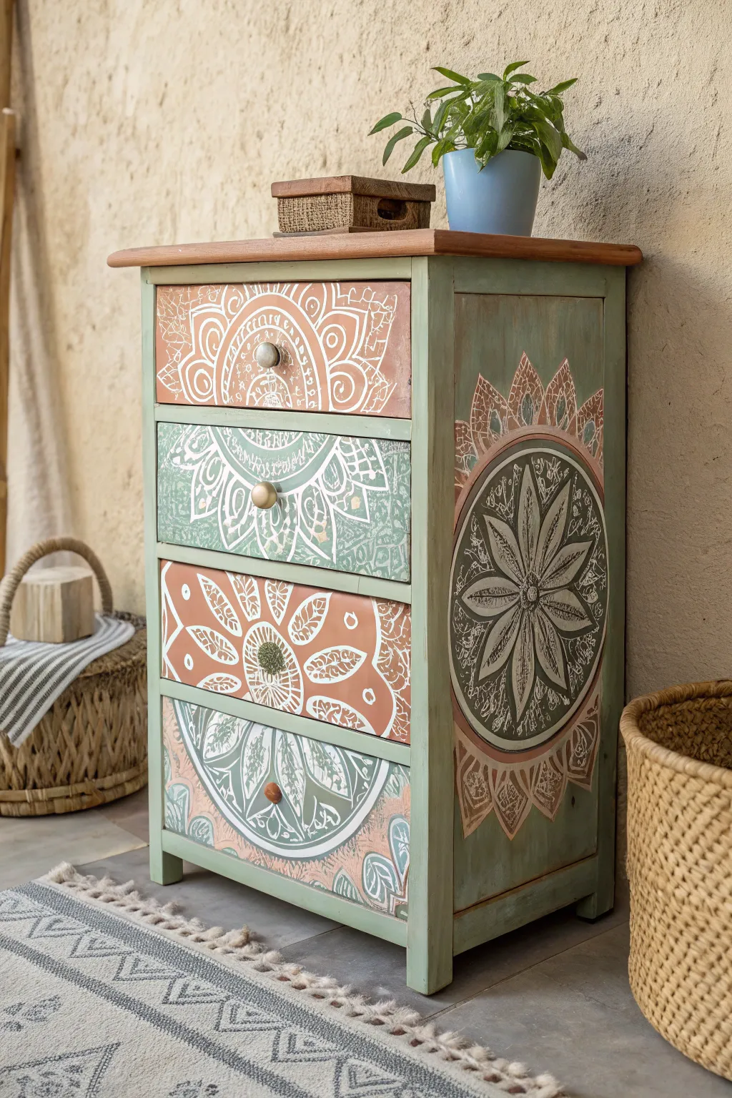 Add a touch of bohemian charm with a hand-painted mandala nightstand that speaks volumes in simplicity and style.