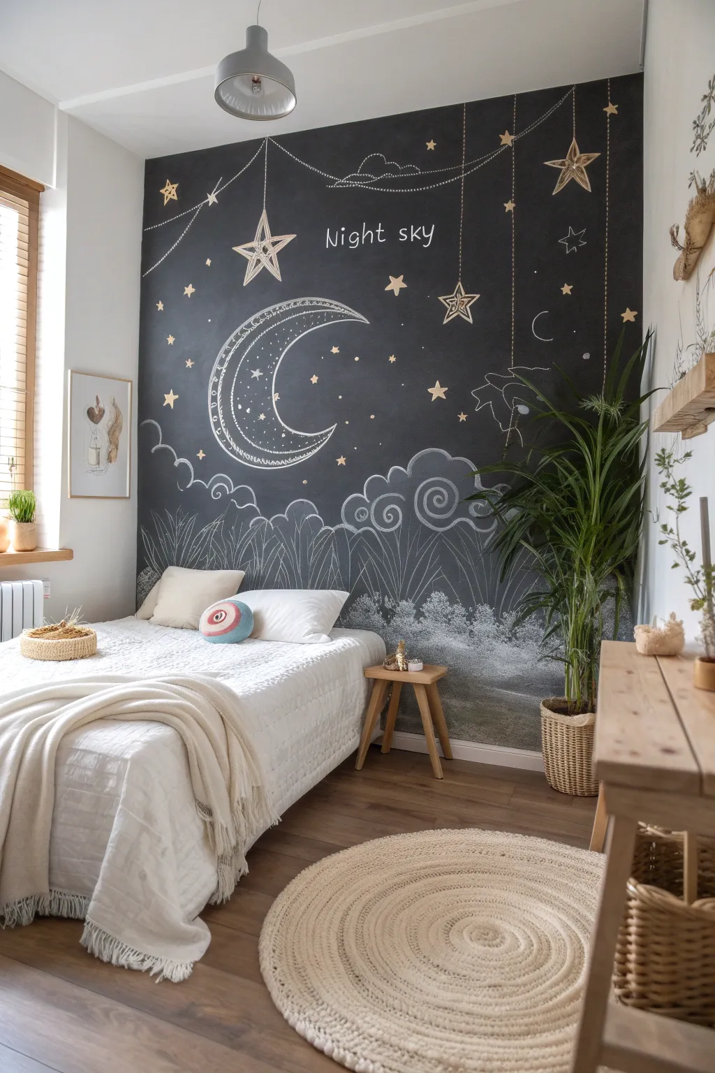 Dreamy nights and artistic vibes: Transform your space with a stunning chalkboard wall mural.