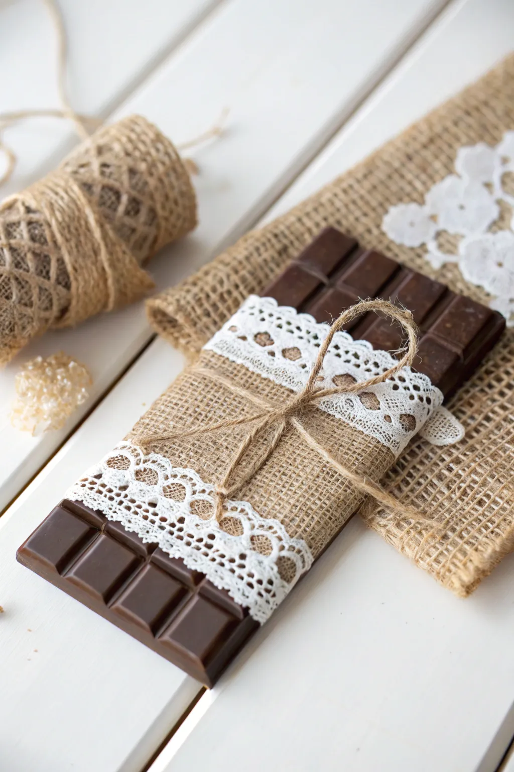 Elevate your gift-giving with layered textures: a blend of lace and burlap for an exquisite chocolate wrapping experience.