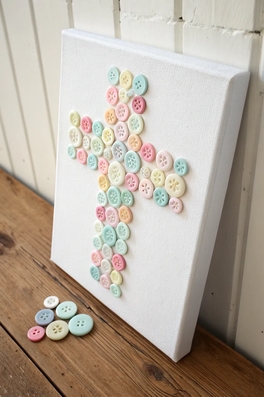 Crafting Easter joy with simplicity and color—an elegant button cross art project to inspire creativity.