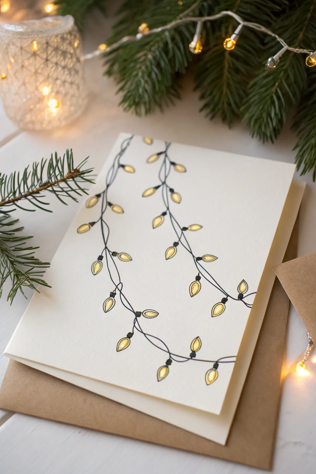 Illuminate your holiday greetings with a hand-drawn festive garland of lights, embodying simplicity and warmth.