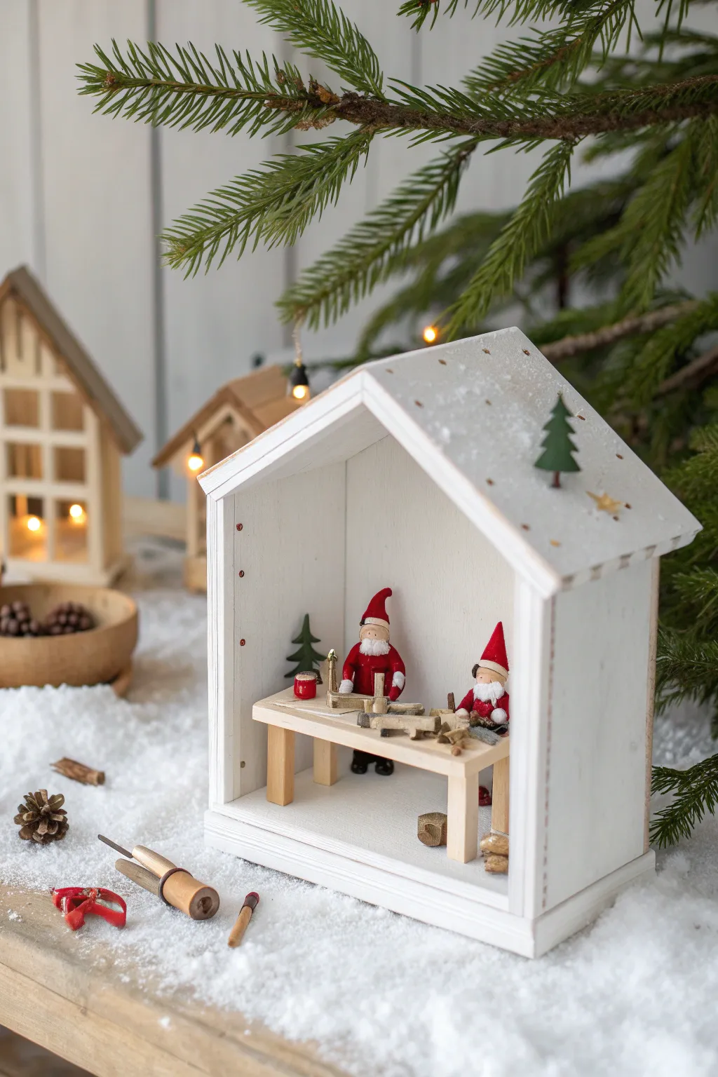 Discover the magic of Santa's workshop in a serene, Scandinavian-inspired diorama that captures the essence of holiday joy through minimalist design.