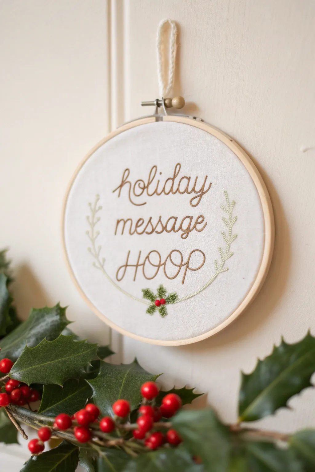 Welcome the season with a touch of elegance: a handcrafted holiday message hoop.