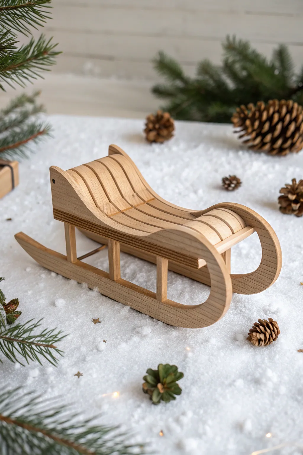 Capture the magic of a nostalgic ride with this beautifully crafted wooden sleigh, perfect for a minimalist winter photo booth.